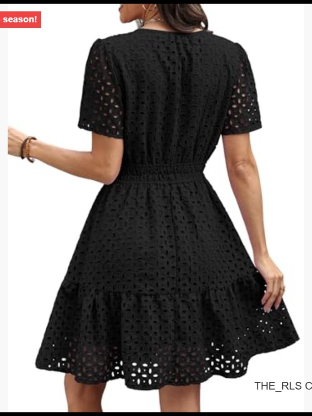 V-Neck Eyelet Lace A-Line Short Dress, 80% Polyester 20% Cotton - Picture 5 of 7